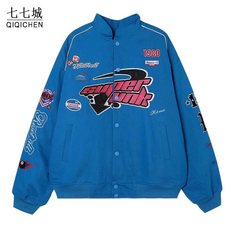 Mens Racing Baseball Jackets Letter Embroidery Street Oversize Cotton