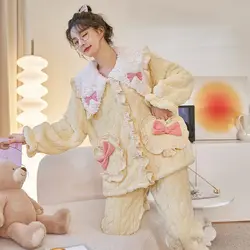 Woman Pajama Coral Fleece Thick Cute Student Autumn Winter Sleepwear 2024 New Flannel Homewear Set Famale Loungewear Suit Pijama