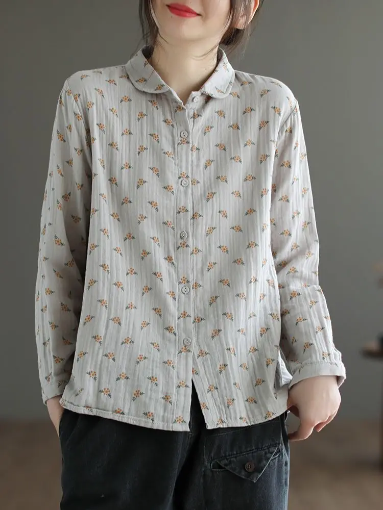 

Fashion Vintage Long Sleeve Shirt Women's 2023 Spring Blouses Literary Shirt Cotton Print Turn-down Collar Single Breasted Top