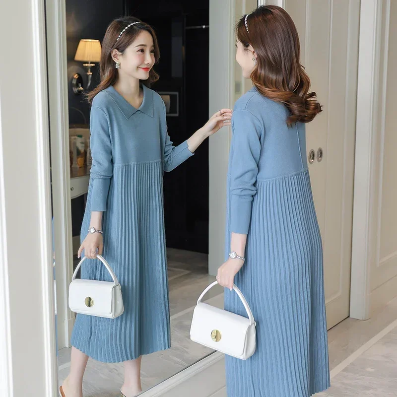 2059# Autumn Winter Thick Warm Knitted Maternity Long Dress Sweet Clothes for Pregnant Women Winter Pleated Pregnancy Sweaters