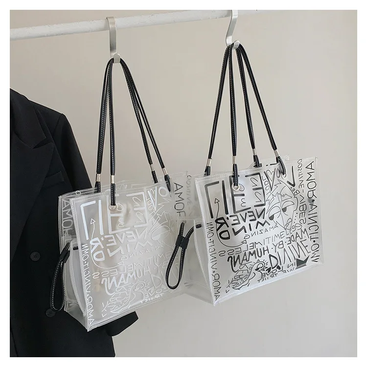 Ladies Transparent Tote Bag Graffiti Large Capacity Shoulder Bag