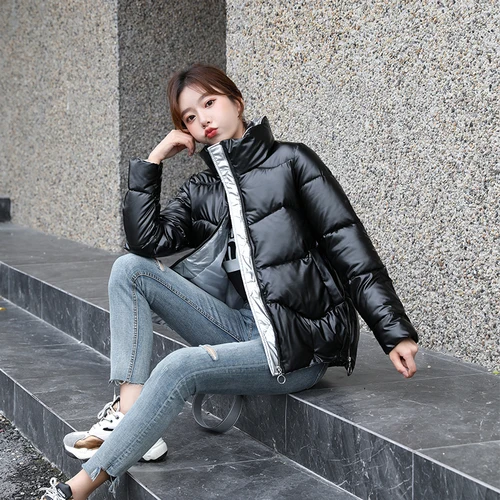 2024 Winter Trend Glossy Thickened Short Jacket Korean Style Loose Stand-up Collar Cotton Jacket BF Long Sleeve Women's Clothing