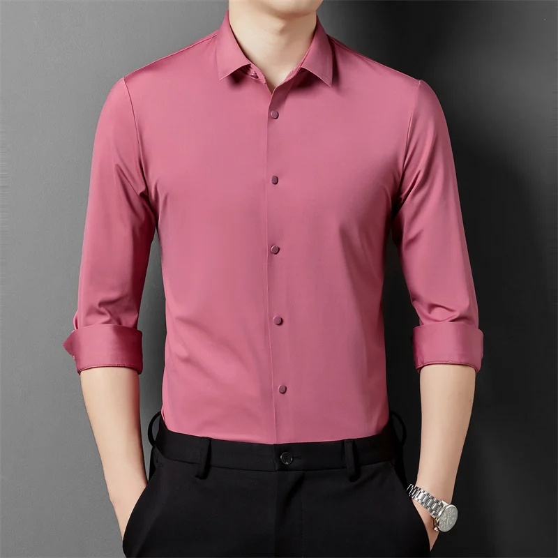 

New High Elasticity Non-iron Men's Shirt Long Sleeve Top Quality Slim Solid Color Social Seamless Formal Dress Luxury Shirts