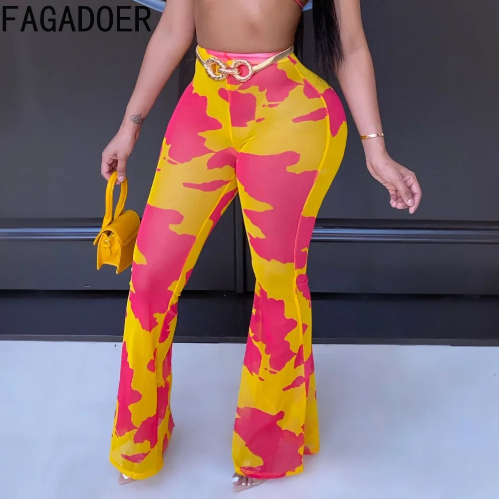 FAGADOER Camouflage Trousers Mesh Sexy Pants Women Clubwear Clothing Y2k Fashion Elasticity See Through Flare Wide Pants Summer