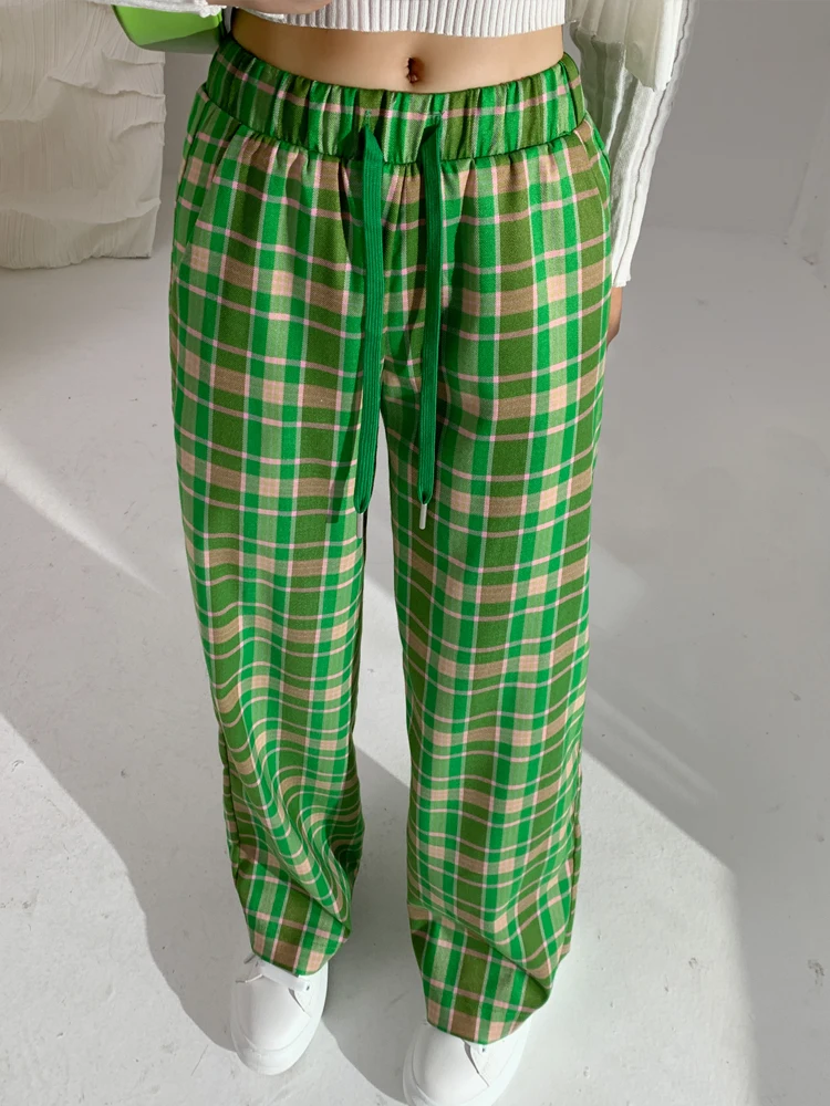 Green Plaid Stretchy Pants, Green Plaid Women Pants