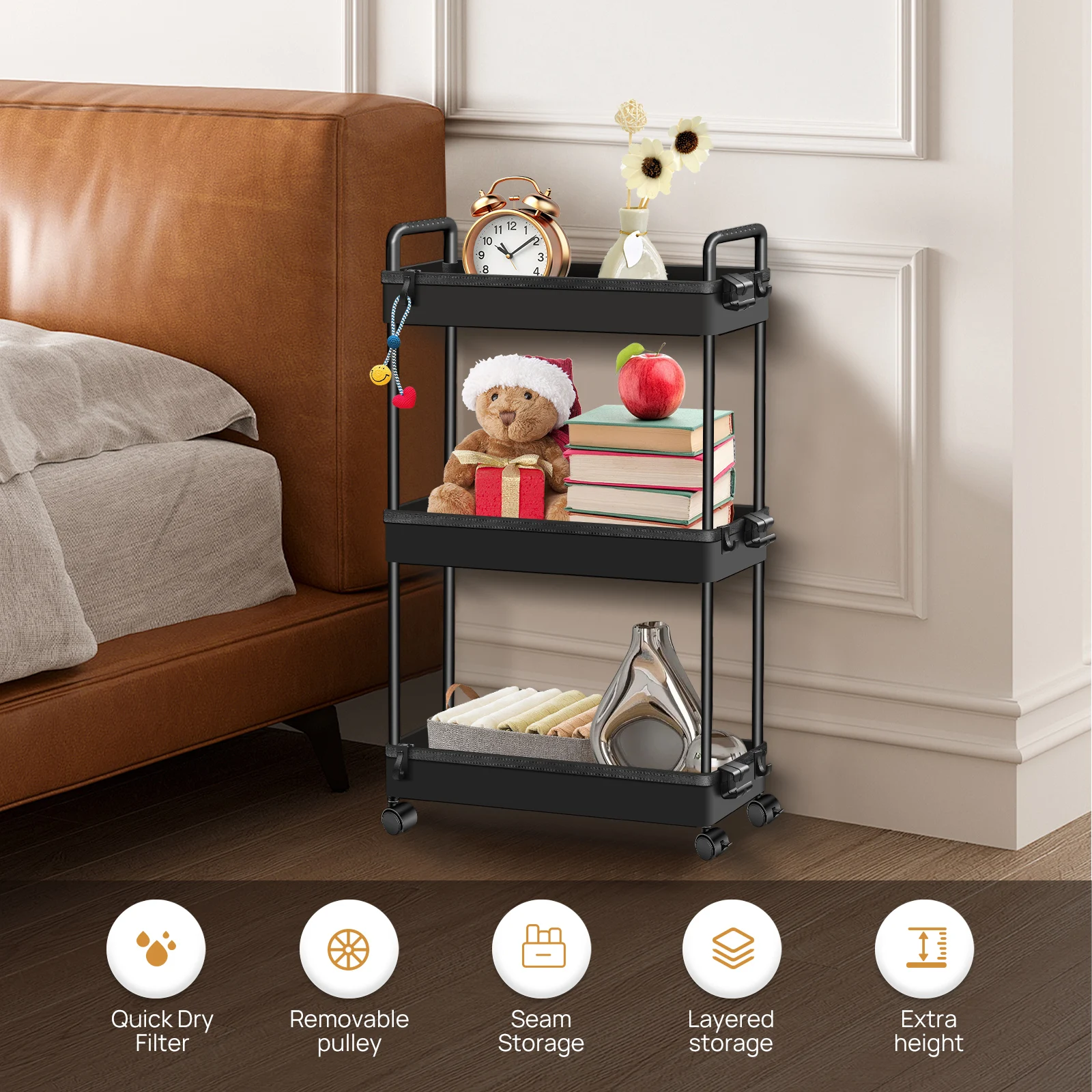 DayPlus 3-Tier Storage Trolley Cart Slide-out Slim Rolling Utility Cart Mobile Storage Shelving Organizer for Kitchen, Bathroom: 3 - 5 Days Free Delivery Only UK