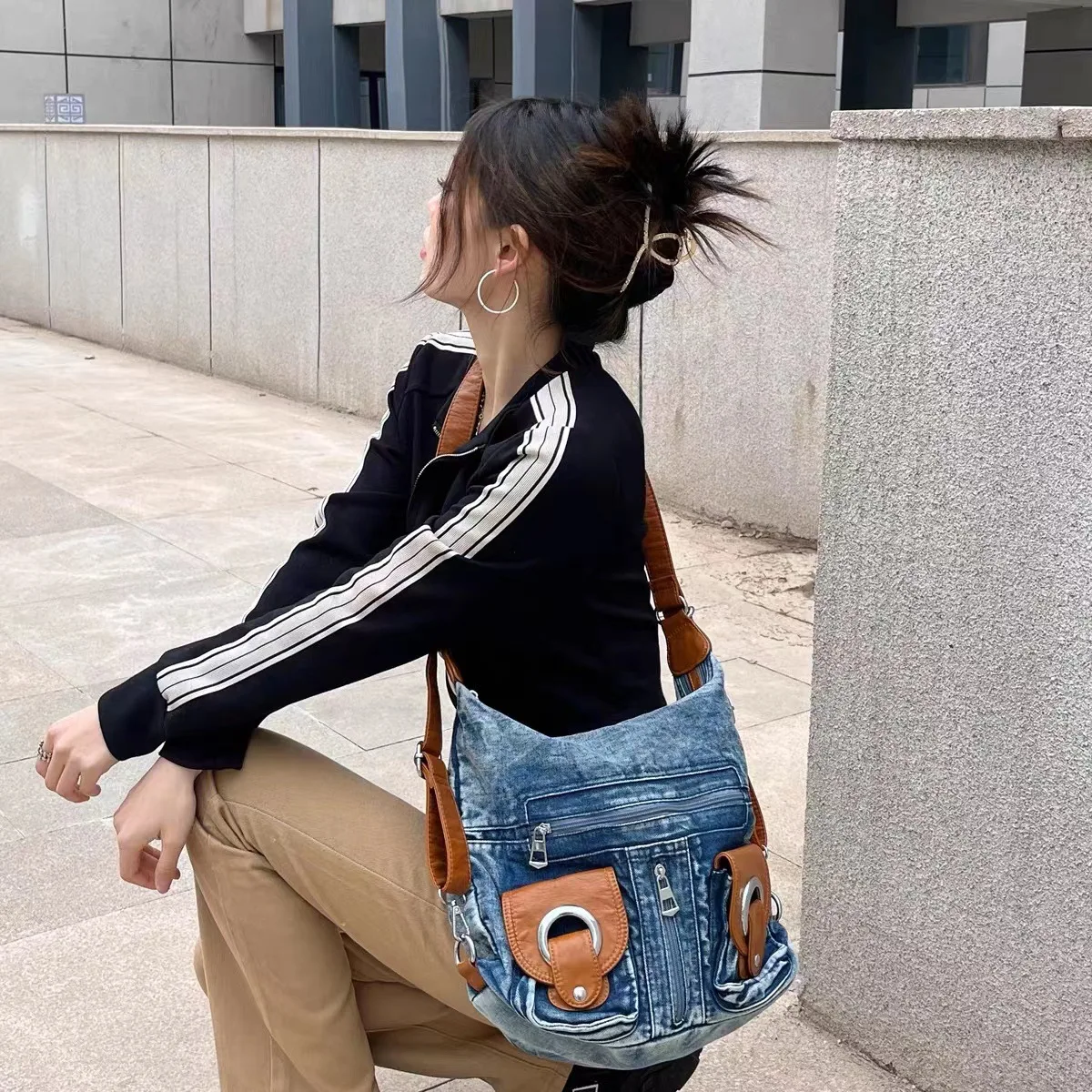 Denim Hobo Bag Women's Retro Shoulder Bag Student Leisure Style_voghion.com