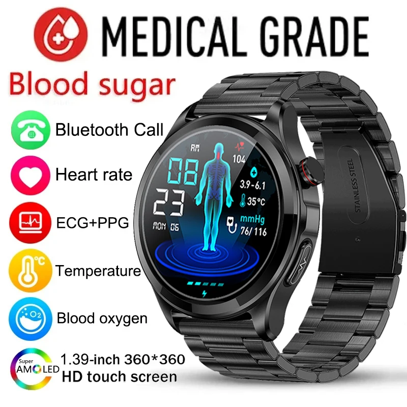   건강한 혈당 통화 스마트워치, 360x360 HD 대형 스크린 ECG 스마트워치, 비침습성 혈당 모니터링, 1.39 인치 