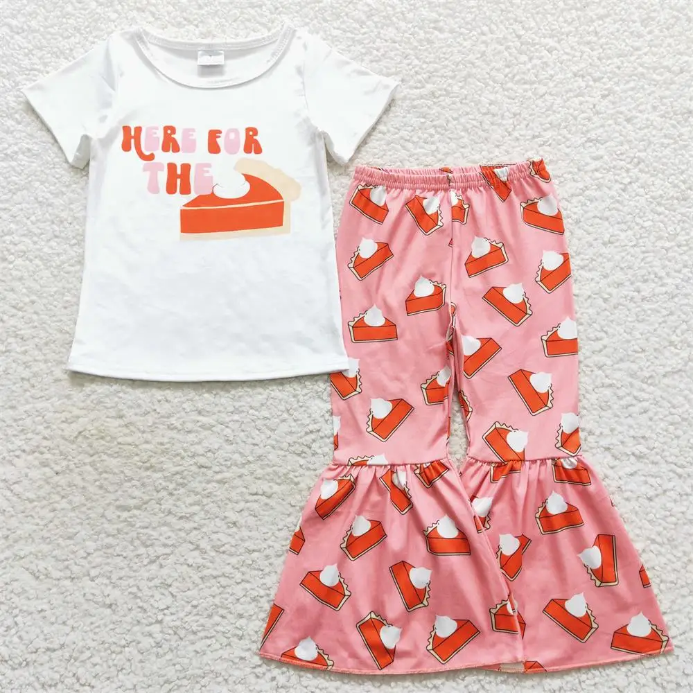 

Wholesale Baby Girl Short Sleeves Pumpkin Pie Shirt Kids Fall Set Toddler Children Bell Bottom Pants Thanksgiving Outfit