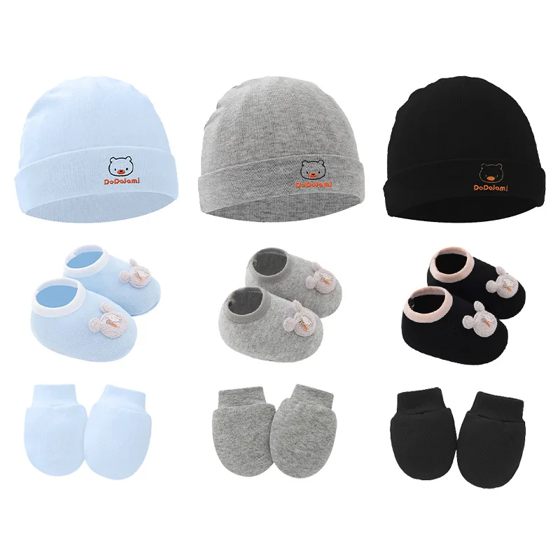 3pcs Cotton Baby Beanie for Newborn Baby Bonnet Gloves Socks Set Baby Hat for Girl Boy New Born Gift Cartoon Cap 1
