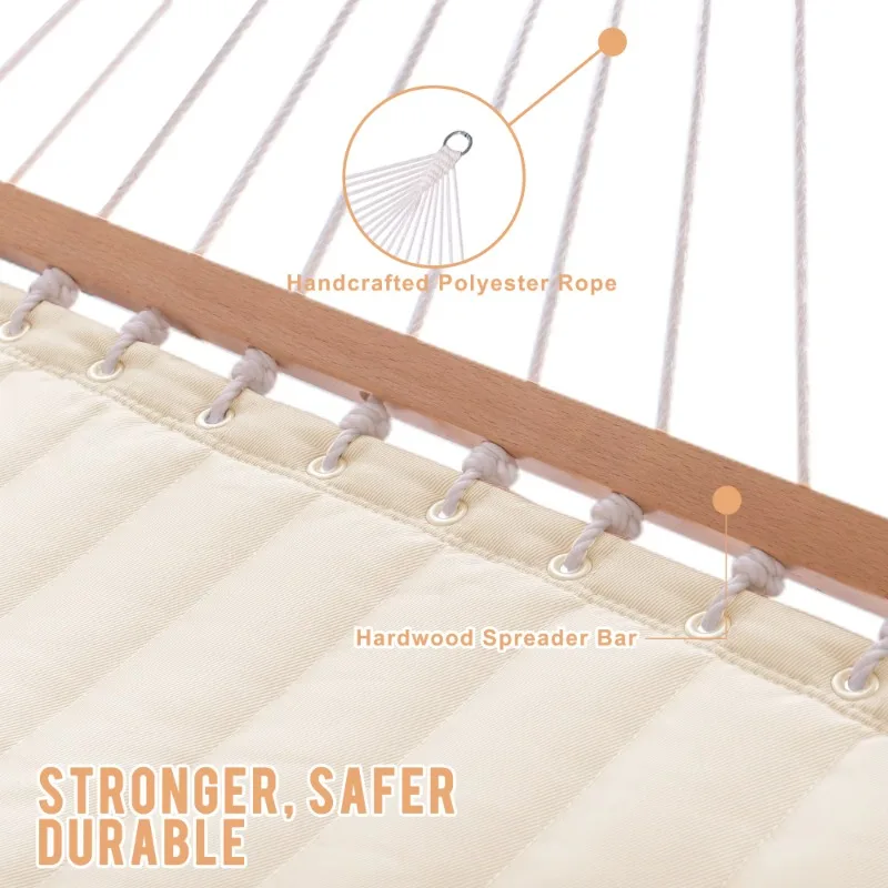 12 FT Double Quilted Fabric Hammock with Spreader Bars and Detachable Pillow, 2 Person for Outdoor Patio Backyard