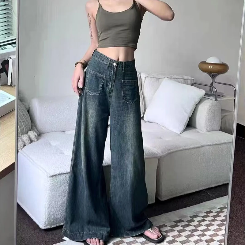 Women Denim New 2023 Trousers Loose Large Size Wearable Wide Leg Jeans High Waist Slimming fashion casual Mopping Pants women ripped high waist jeans straight leg slimming denim trousers causal vintage sequin jeans full length hole new loose pants