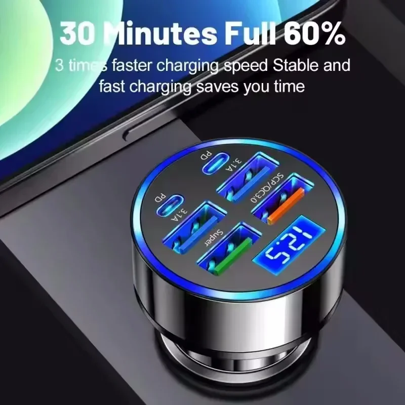 Caricabatterie da auto a ricarica rapida da 350W con 6 porte PD QC3.0 USB C, caricatore rapido per telefono da auto, adattatore di tipo C per iPhone Samsung Xiaomi Huawei - Image 4