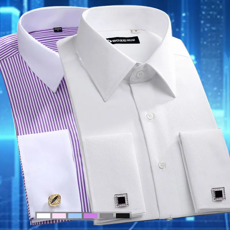 Summer Shirt Men's Long-Sleeved Shirt Spring/Summer Formal Business French Button Solid Color Striped Plus-Size Casual 6XL