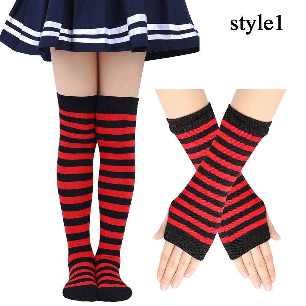 Fingerless Gloves Set Arm Warmer High Long Socks Over Knee Women Striped High Cylinder Polyester Casual Neutral Anti Friction