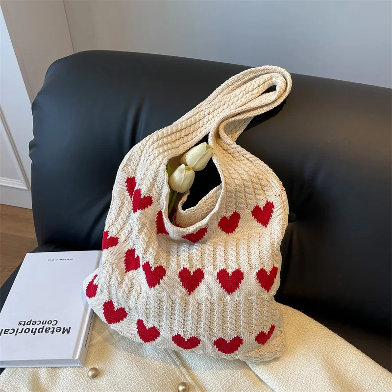 Fashion Heart Shape Pattern Knit Tote Bag Retro Women's Handbag Large Capacity Female Woven Shopper Purse Travel Bag