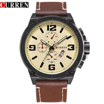 CURREN 8230 Men Quartz Watch Fashion Unique Outdoor Brown Black Leather Strap Wristwatch for Male Gift Chronograph Not Available