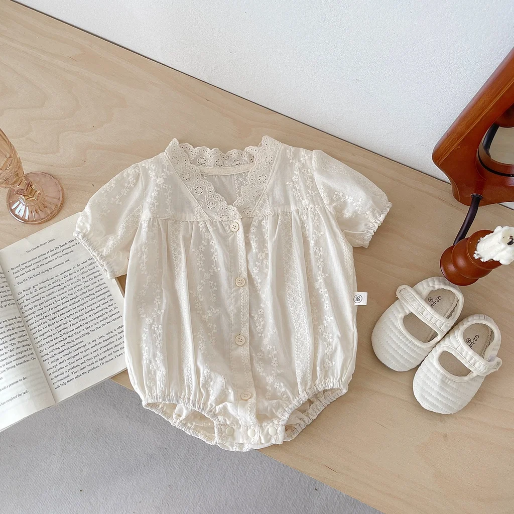 FLM Summer Baby Romper Short Sleeves Princess Lace Collar Solid Color Baby Bodysuit Thin 0-2 Years Old