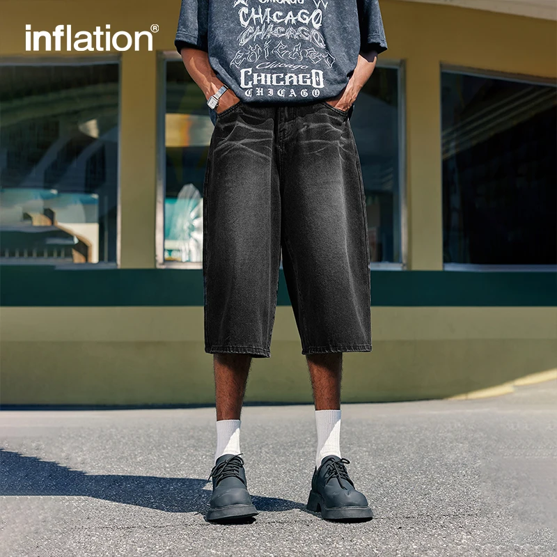 

INFLATION Black Wide Leg Jeans Shorts Men Moustache Effect Washed Denim Shorts Plus Size