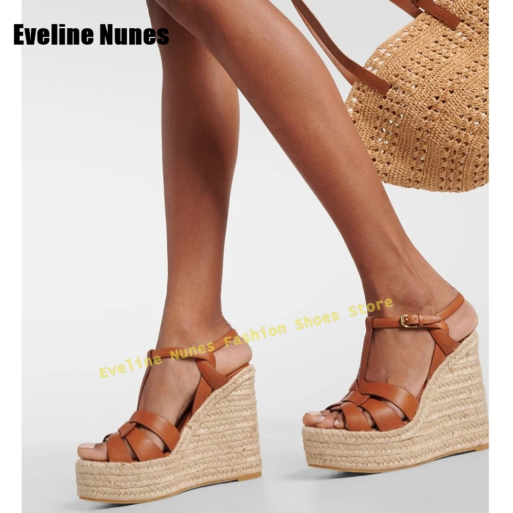 Hemp Rope Weaving Wedges Sandals Peep Toe Height Increasing Cut Out Side Air Slingback Women Vacation Shoes Plus Size 34-46