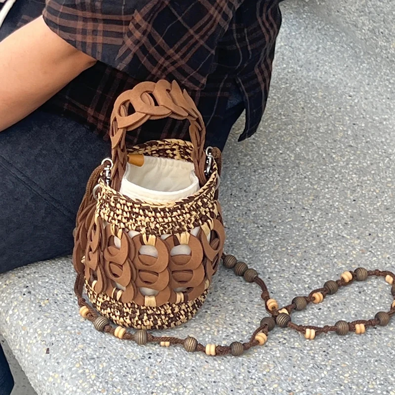 Luxury Patchwork Straw Bag Bohemian Woven Bucket Bags for Women Handbags Handmade Crochet Beach Bag Small Basket Shoulder Bags