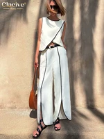 Clacive Summer Loose White Cotton 2 Piece Sets Woman Outfit 2025 Fashion Sleeveless Tank Top With High Waist Slit Wide Pants Set - Image 2
