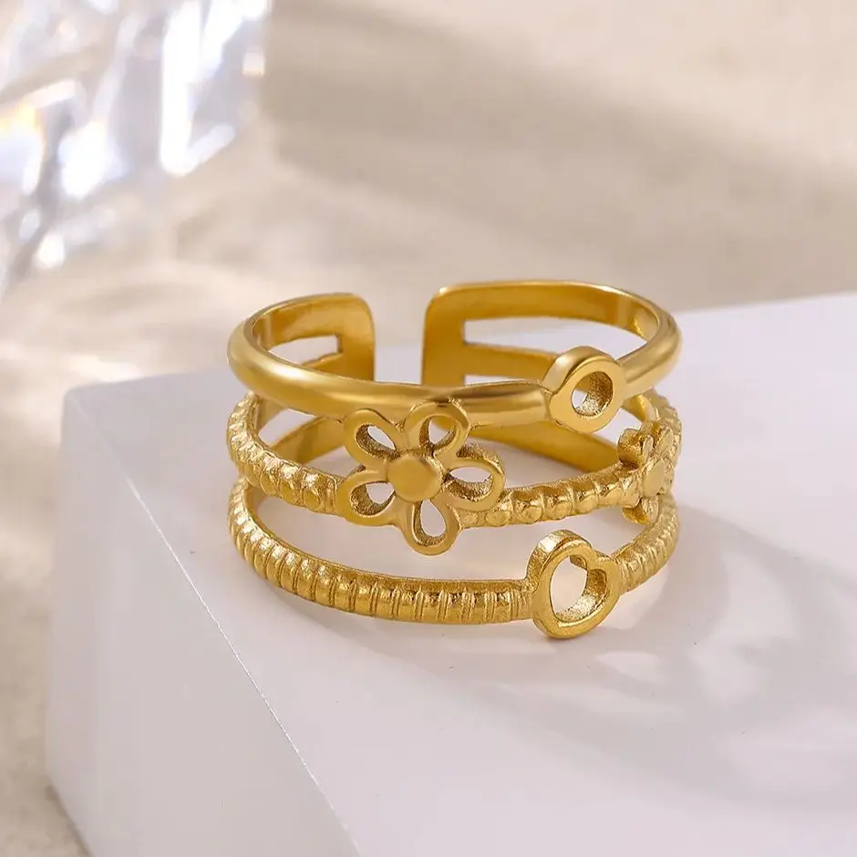 Fashion 3-Layer Stackable Heart Flower Rings Stainless Steel Adjustable