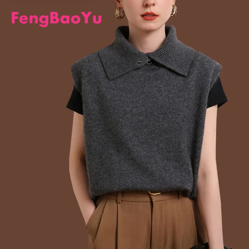 

Fengbaoyu Autumn Winter Ladies 100% Pure Cashmere Lapel Stand Collar Top Knitted Waistcoat Women Loose Gray Fashion Wool Vest