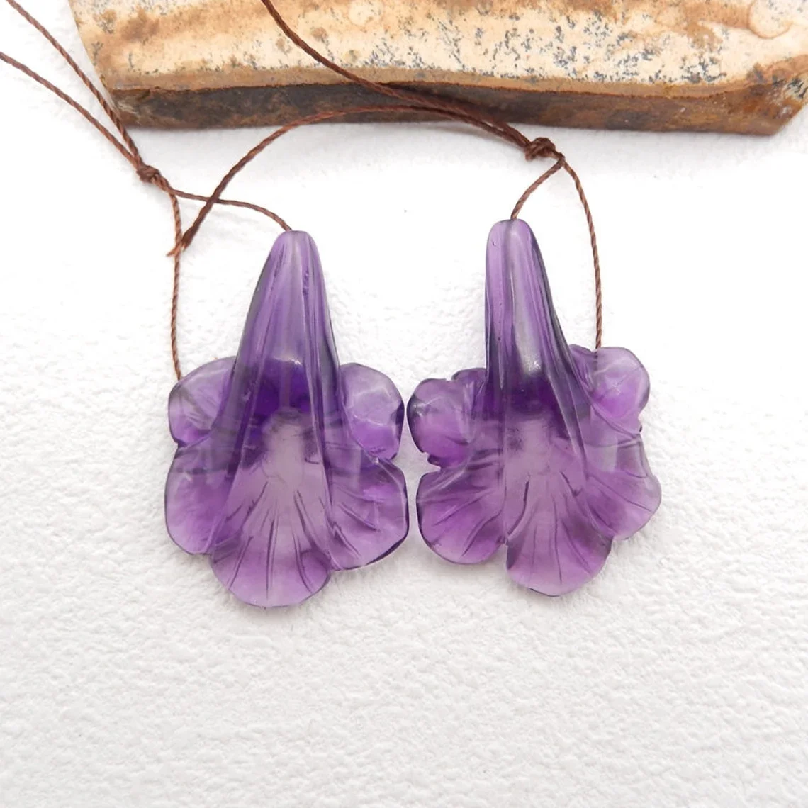 Carved Amethyst Flower Gemstone Earring Beads, Gemstone For Jewelry DIY Making, 35x23x8mm, 8.8g