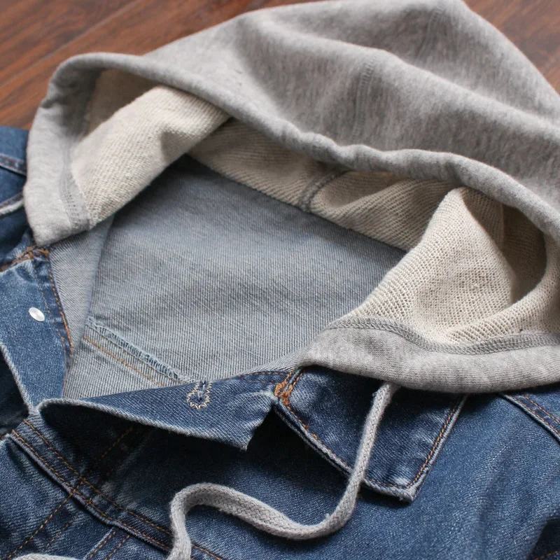 Men's New Fall And Winter Jacket Slim Fake Two Pieces Denim Jacket Hooded Jacket