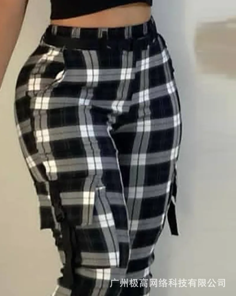 Women High Waist Ankle Length Spring Summer Plaid Pants Pockets Fashion Casual Trousers Pants
