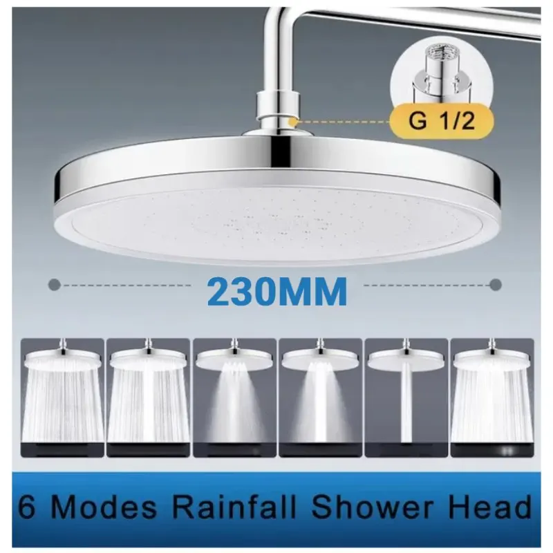 

230MM Big Panel Rainfall Shower Head Set 6 Modes High Pressure Showerhead Large Flow Top Rain Shower Faucet Bathroom Accessories