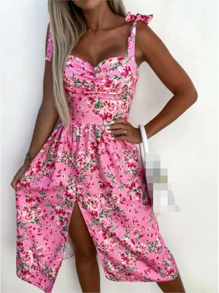 Women's Suspenders Low Collar Sleeveless Waist Trimming Printing Dresses