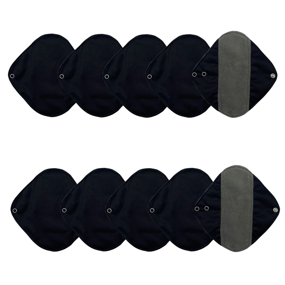 סט של 10 יחידות מפיות חודשיות ניתנות לשימוש לנשים, מפיות סניטריות מבמבוק פחם ניתנות לכביסה, ידידותיות לסביבה, מפיות תקופה מבד