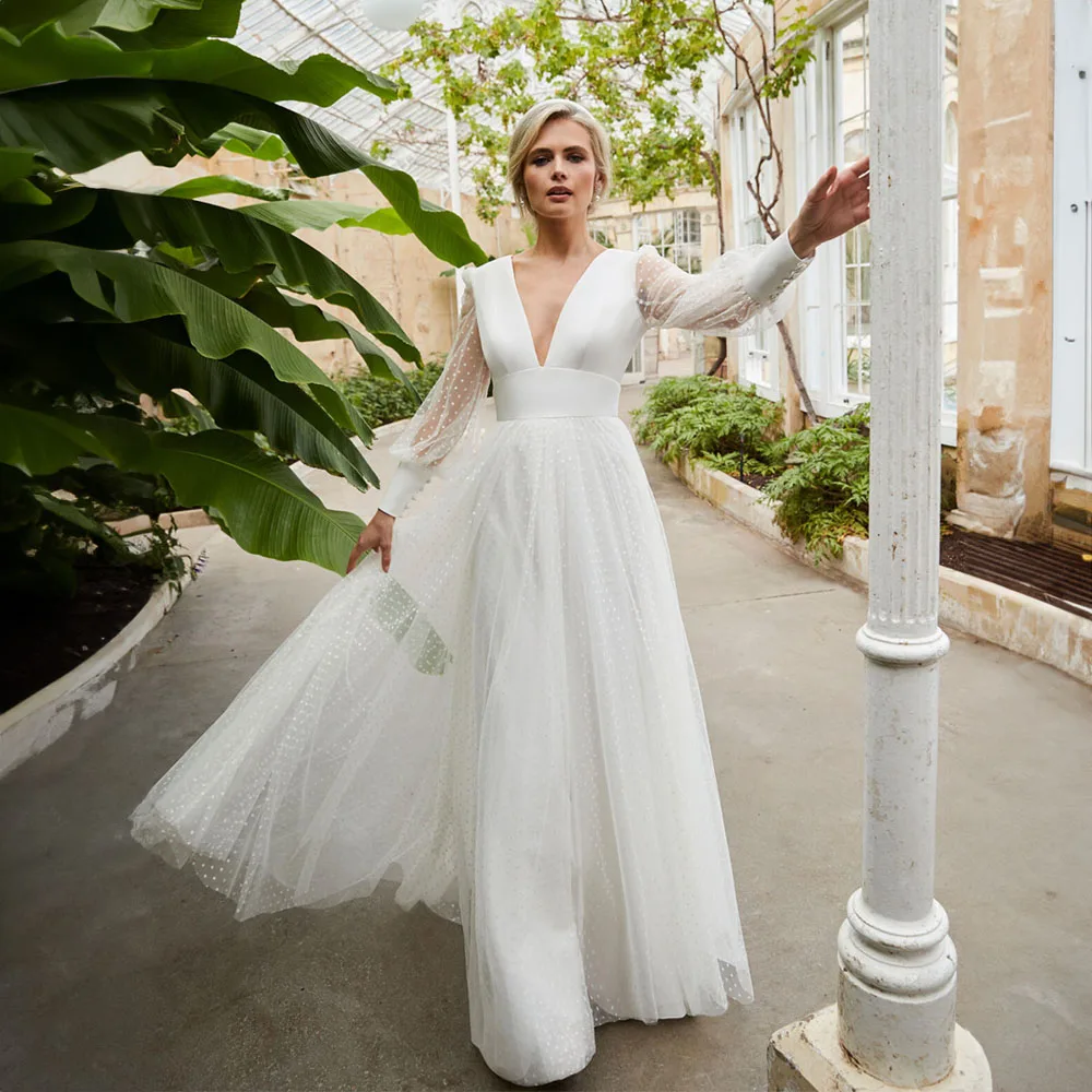 

Simple V-neck Spotted Wedding Dresses with Long Sleeve Wedding Gowns Illusion Corset A-line Court Bridal Gown vestido de novia