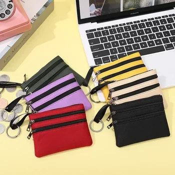 Women's 3 Zippers Canvas Coin Purse Mini Wallet Solid Change Purses With Keychain Money Bags Coin Key Storage Bag 1