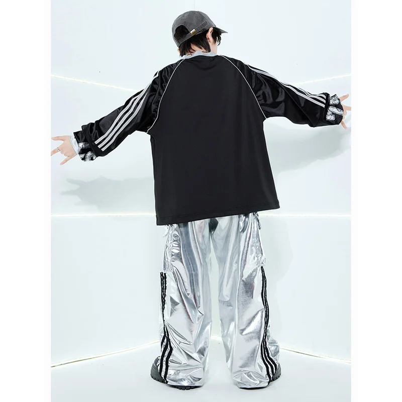 Kids Boys Girls Streetwear Hip Hop Long Sleeve Football T-shirt Silver Leather Cargo Pant Sets Tracksuit Children Stage Clothing