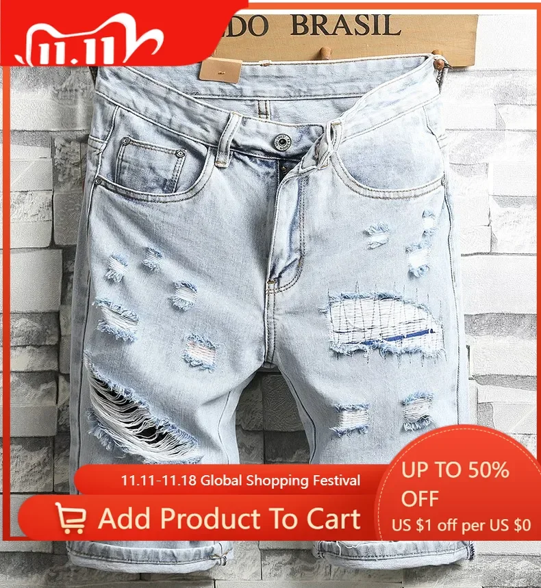 New Summer Men Holes Denim Shorts Light Blue Short Jeans Good Quality Men Knee Length Jeans Shorts Large Size Straight