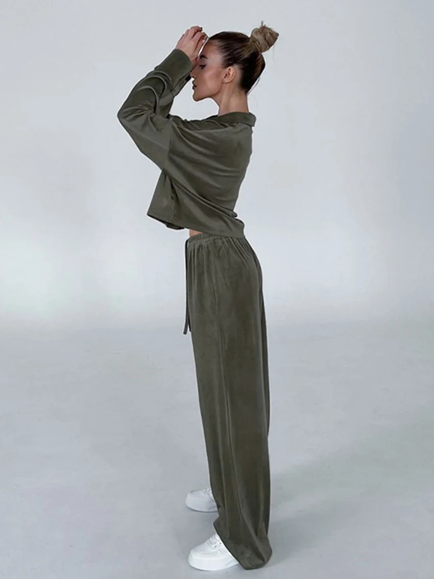 Marthaqiqi Casual Women Sleepwear Set Long Sleeve Nightie Crop Top Nightwear Turn-Down Collar Pajamas Pants Ladies Home Clothes