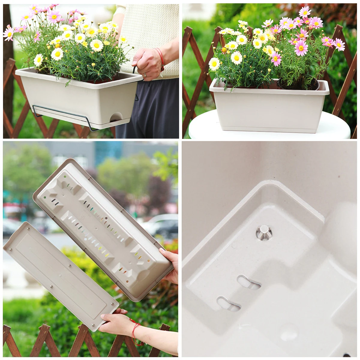In-situ view of the planter on a balcony railing.