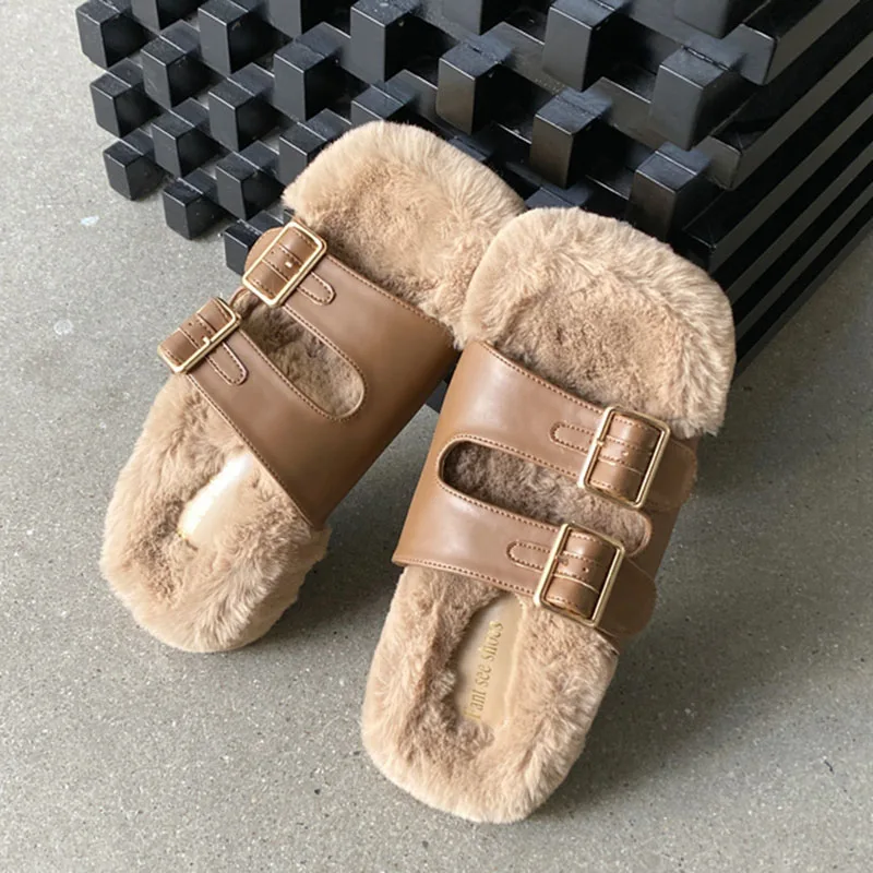 New 2022 Fashion Buckle Strap Women Flat Furry Shoes Slippers Casual Plush  Female Shoes Outdoor Indoor Fur Ladies Flats Slides - AliExpress