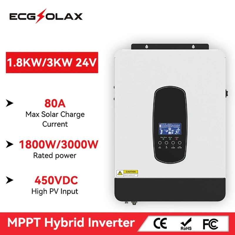 ECGSOLAX 1.8KW 3KW Hybrid Solar Inverter 12V 24V 230V With Max 80A MPPT Charge Controller PV Max 450VDC Pure Sine Wave Inverter