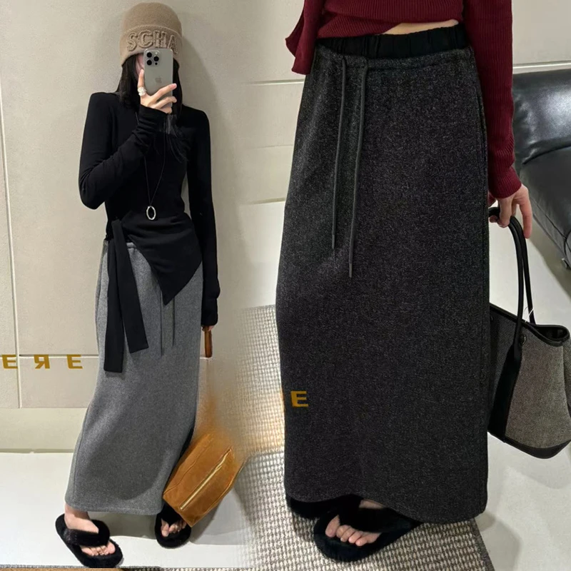Korean Style Pregnant Woman Drawstring Waist Long Step Skirt with Pockets Back Split Long Loose Casual Maternity Cashmere Skirts
