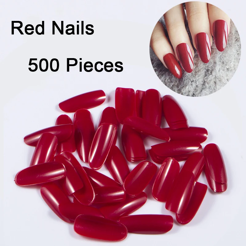 

500 Pieces Red Oval Nail Tips Press On Nails Round Full Cover False Nail Tips Acrylic Fake Nails Art Artificial Nails art Tools
