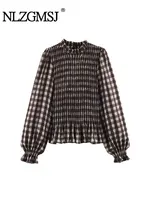 Nlzgmsj 2025 Vintage Chic Brown Plaid Shirts Women Long Sleeve Blouses Fold Fashion Casual Elegant Women Tops Y2k - Image 2