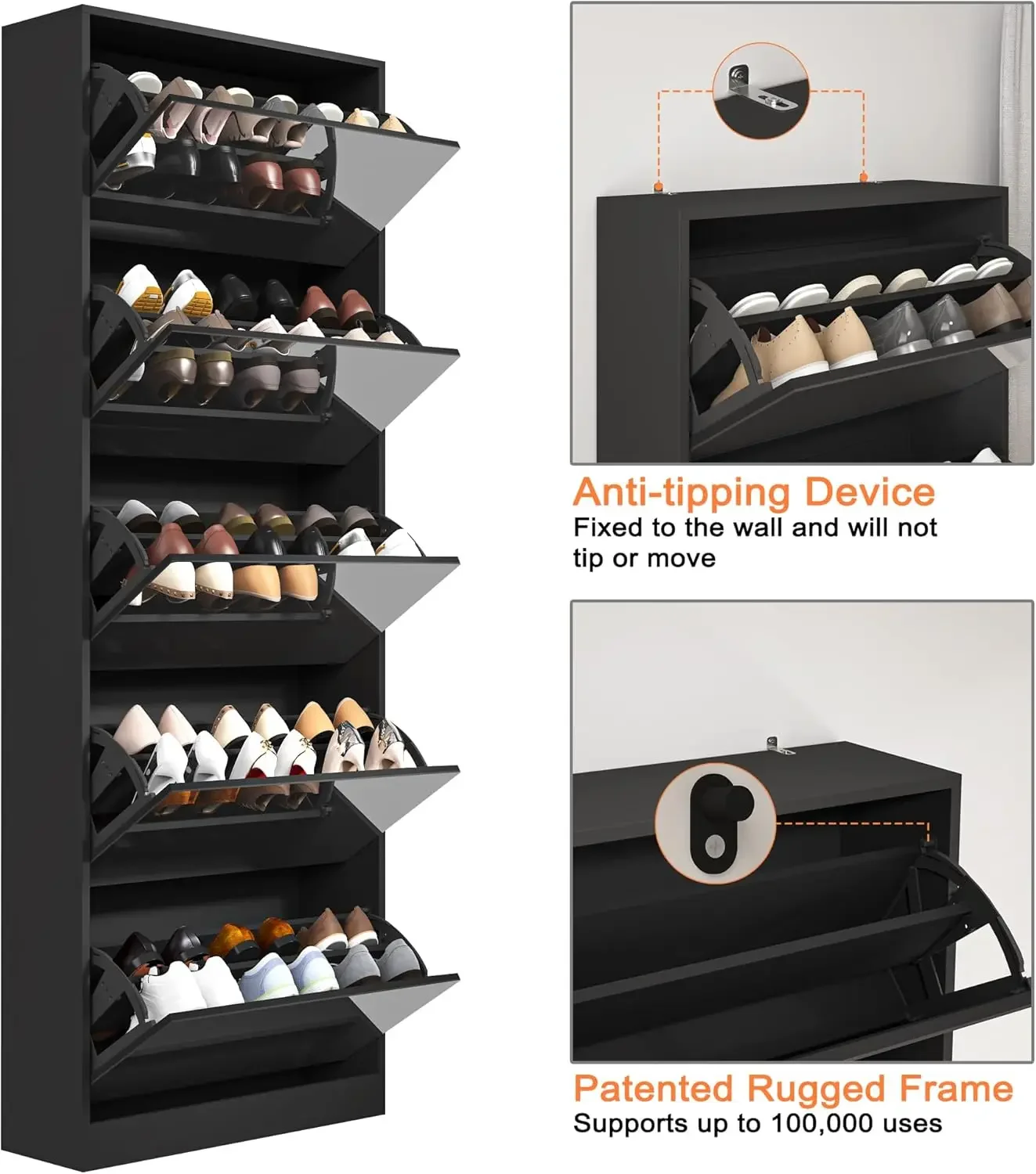 Shoe Storage Cabinet with Full Length Mirror, 30 Pairs & 5 Flip Drawer, Free Standing Shoe Rack Cabinet, Narrow Shoes Organizer