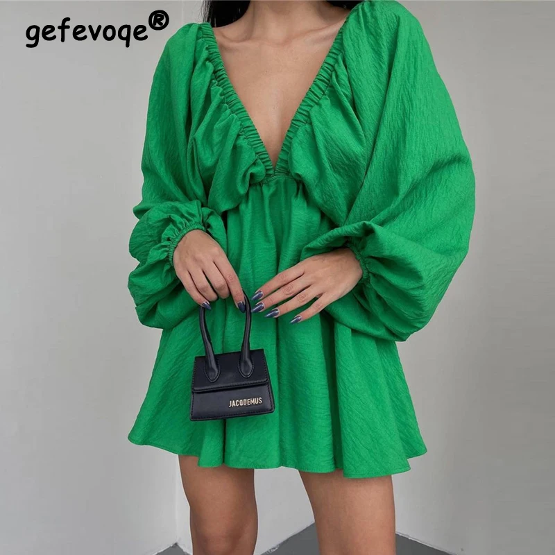 

2023 Women Sexy Deep V Neck Backless Holiday Beach Mini Dress Y2K Streetwear Solid Loose Long Sleeve Club Party Dresses Vestidos