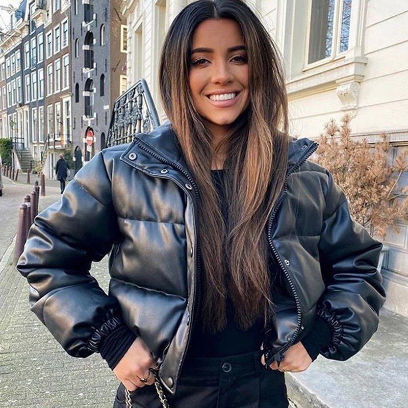 Women Fashion Stand Collar Black PU Leather Coats 2024 Winter Thick Warm Short Parkas Elegant Zipper Cotton Jackets Female Coat