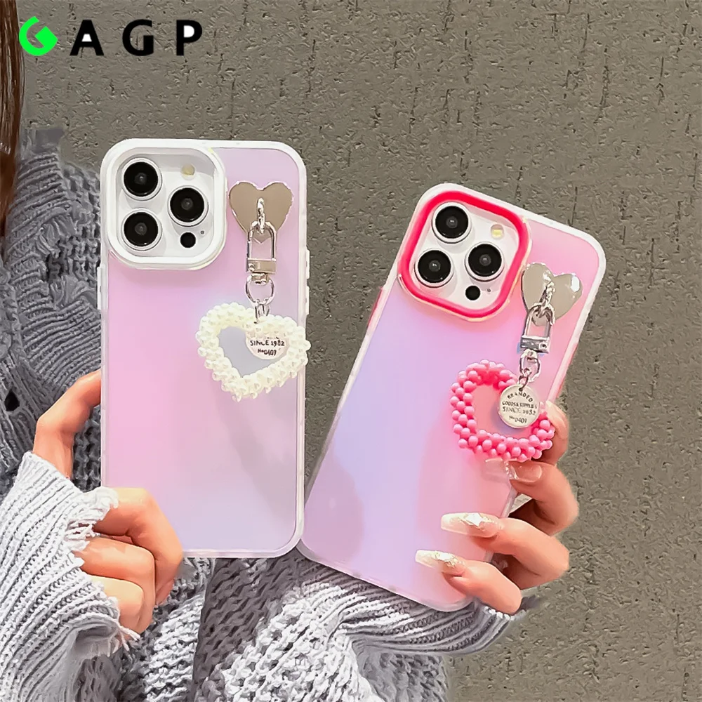 Love Pearl Pendant Aurora Gradient Case Per Iphone 15 14 12 13 14 15 11 Pro Max Xs Max Xr 7 8 Plus Se2 15Pro Max Hard Slim Cover