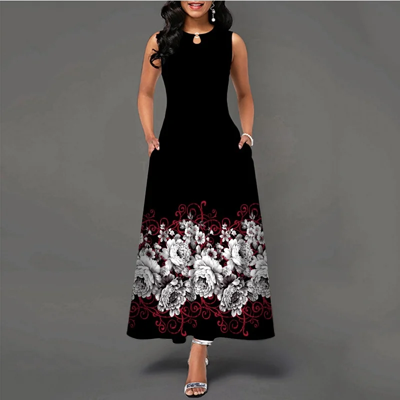 thumbnail image 1 of Nuevo vestido largo informal sin mangas para mujer, estampado bohemio retro., 1 of 5